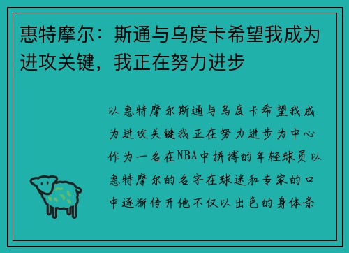 惠特摩尔：斯通与乌度卡希望我成为进攻关键，我正在努力进步