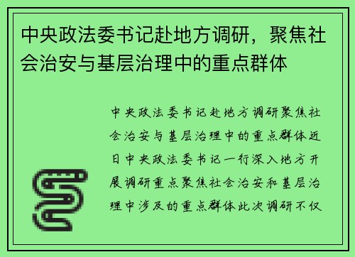 中央政法委书记赴地方调研，聚焦社会治安与基层治理中的重点群体
