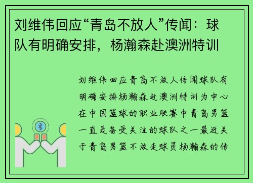 刘维伟回应“青岛不放人”传闻：球队有明确安排，杨瀚森赴澳洲特训