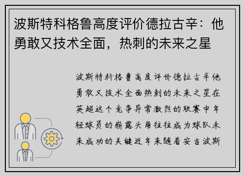 波斯特科格鲁高度评价德拉古辛：他勇敢又技术全面，热刺的未来之星