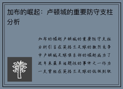 加布的崛起：卢顿城的重要防守支柱分析